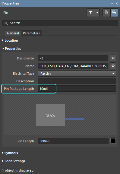 Enter the pin-package length, with the required units.