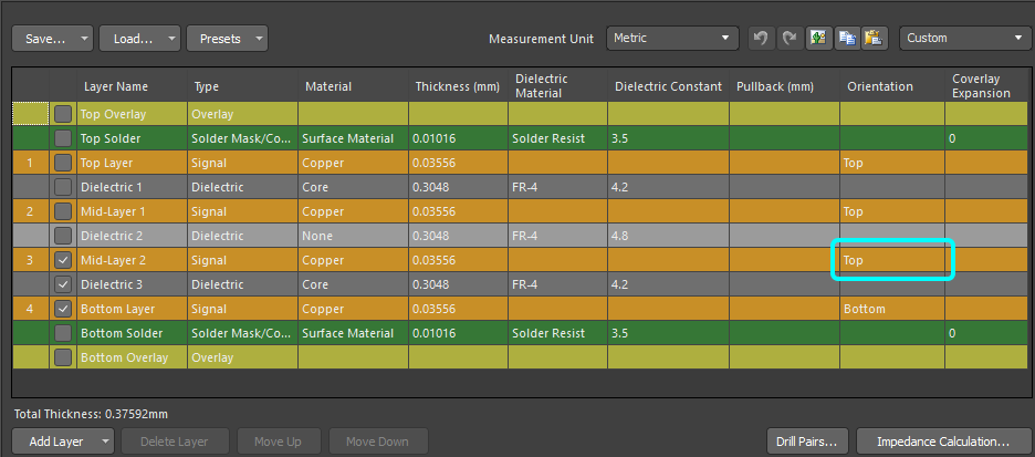 Set the Orientation for components on each signal layer in the Layer Stack Manager. 