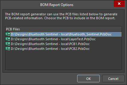 Choose which PCB to include in the BOM in the BOM Report Options dialog.