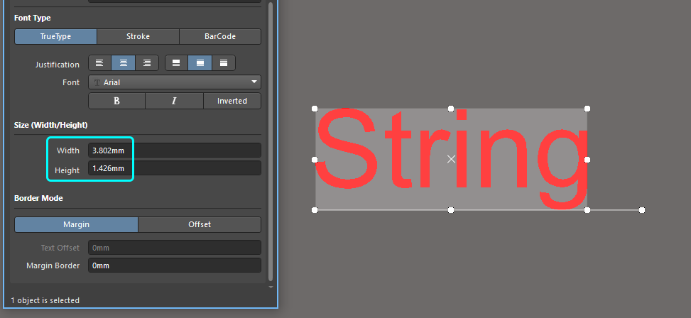The size of the string can be seen when it is selected. Hover the cursor over the image to show the same string with a different size.