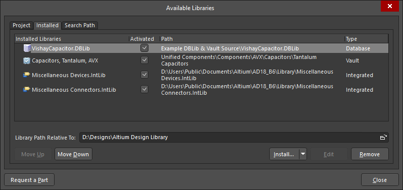 The Installed tab lists the libraries that have been made available in this installation of Altium design software.