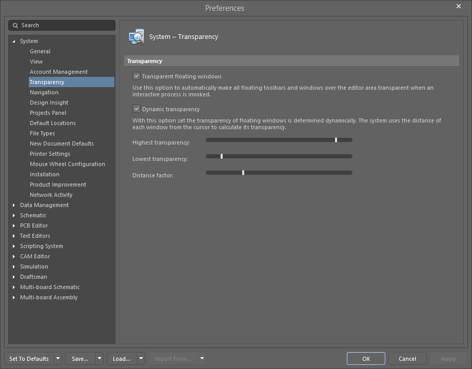 The System - Transparency page of the Preferences dialog
