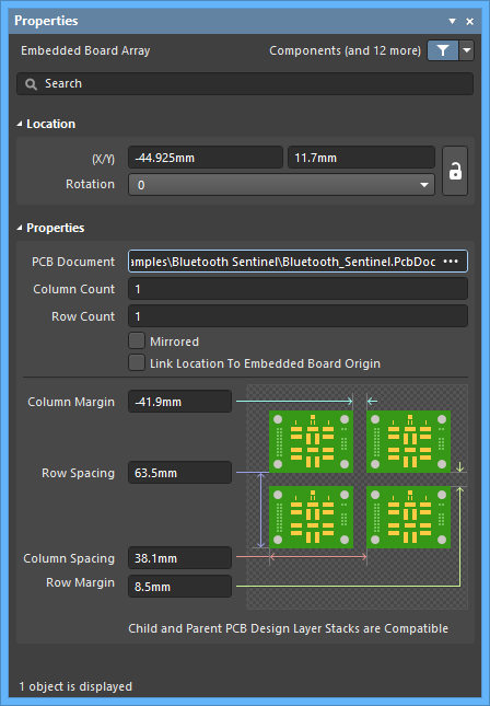 The Embedded Board Array mode of the Properties panel