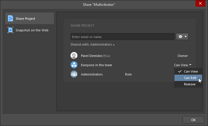 Change access to the project permissions from the Share dialog.