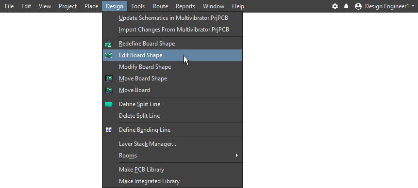 Menu command to edit the board shape
