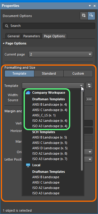 If Draftsman Sheet Template Items exist, then when actively connected to the Workspace they will be presented under the entry of this Workspace.