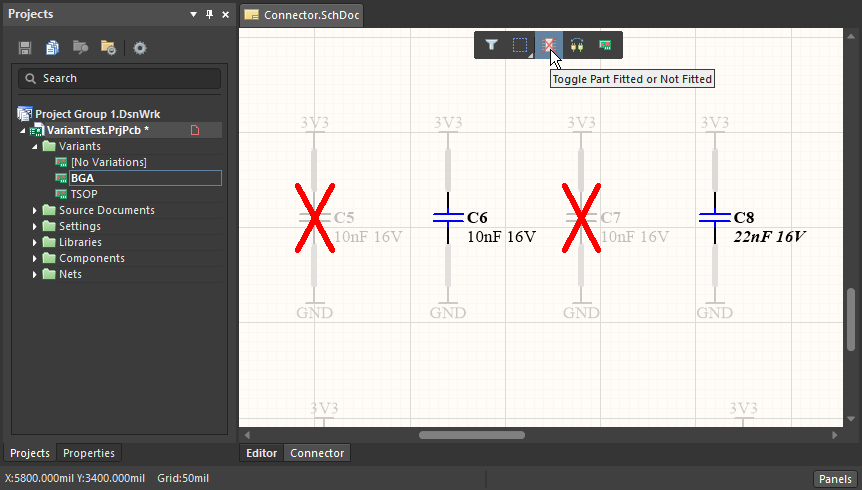 Toggle a specific component's fitted state directly on the schematic.
