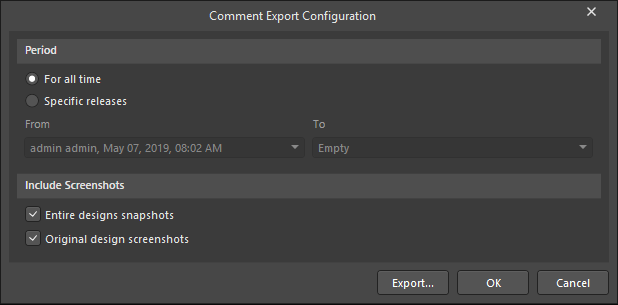 The Comment Export Configuration dialog