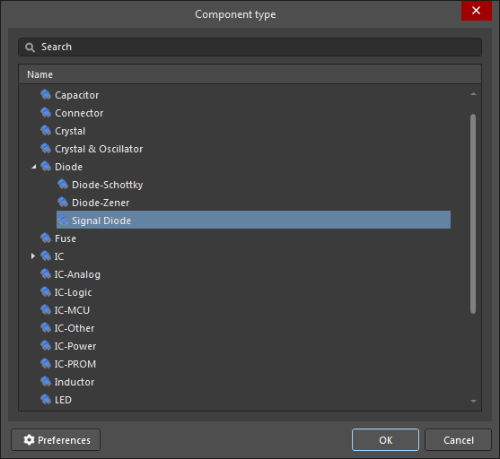 The Component type dialog