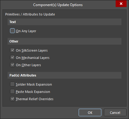 The Components Update Options dialog