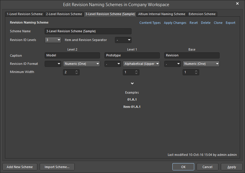 The 3-Level Revision Scheme tab of the Edit Revision Naming Schemes dialog