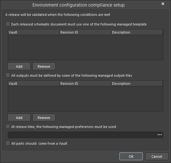 The Environment configuration compliance setup dialog