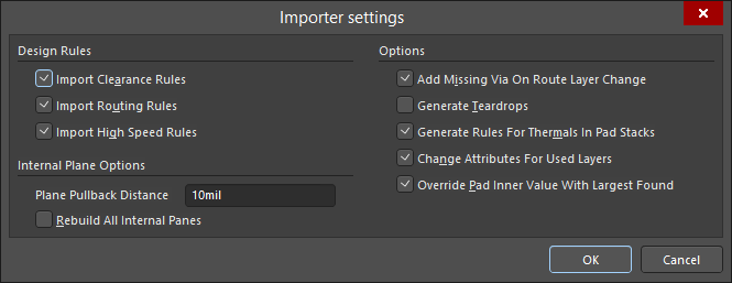 The Importer settings dialog