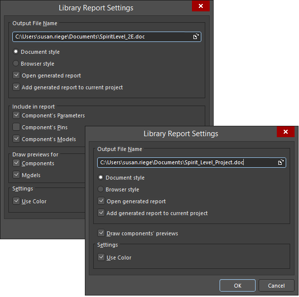 The Library Report Settings dialog shown when accessed from the Sch Library Editor (back) and the PCB Library Editor (front).