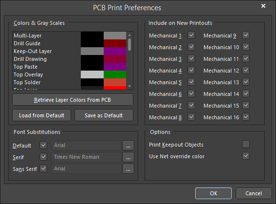 The PCB Print Preferences dialog