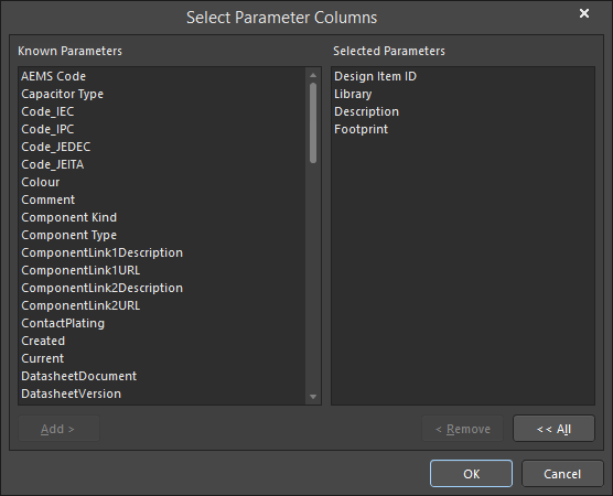 The Select Parameter Columns dialog