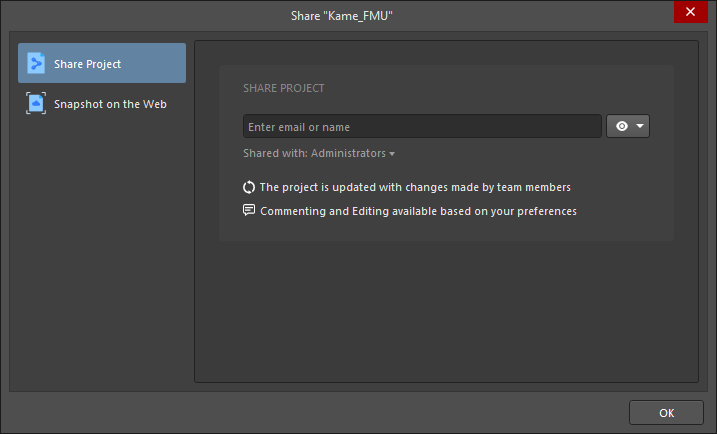 The Share Project tab of the Share dialog when connected to a Workspace