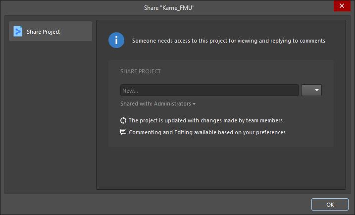 The Share dialog when attempting to post a comment with a mentioned user who has no access to the project