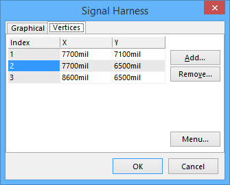 The Signal Harness dialog Vertices tab