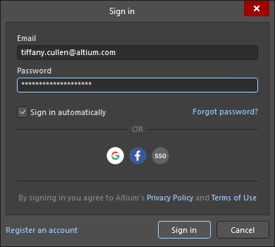 A variation of the Sign In dialog that is used to sign in with your Altium credentials.