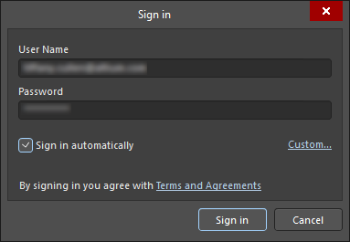 A variation of the Sign In dialog that is used to sign in with your Altium credentials.