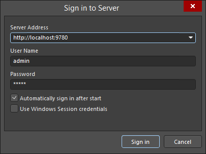 The Sign in to Server dialog is used to connect and sign into a target server.