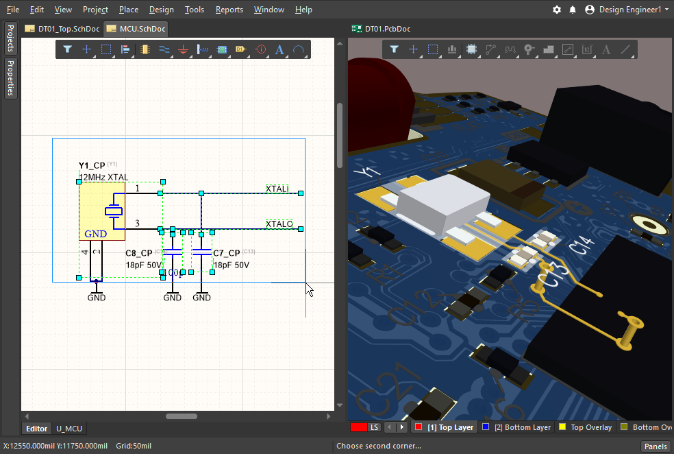 Selecting components and nets on the schematic, those objects are also selected on the PCB. Cross selection also works from the PCB to the schematic.