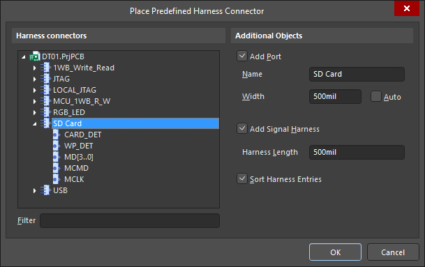 Place Predefined Harness Connector dialog, use this to quickly place an existing Signal Harness