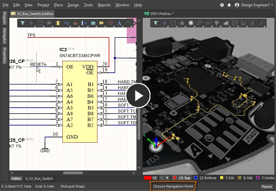 Animation demonstrating how to cross probe from the schematic to the PCB