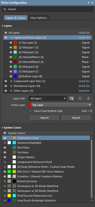 Use the View Configuration panel to set up the visibility and color of all layers in the workspace