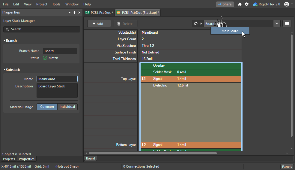 The Board mode of the Layer Stack Manager is used to define the Substacks in a rigid-flex design.