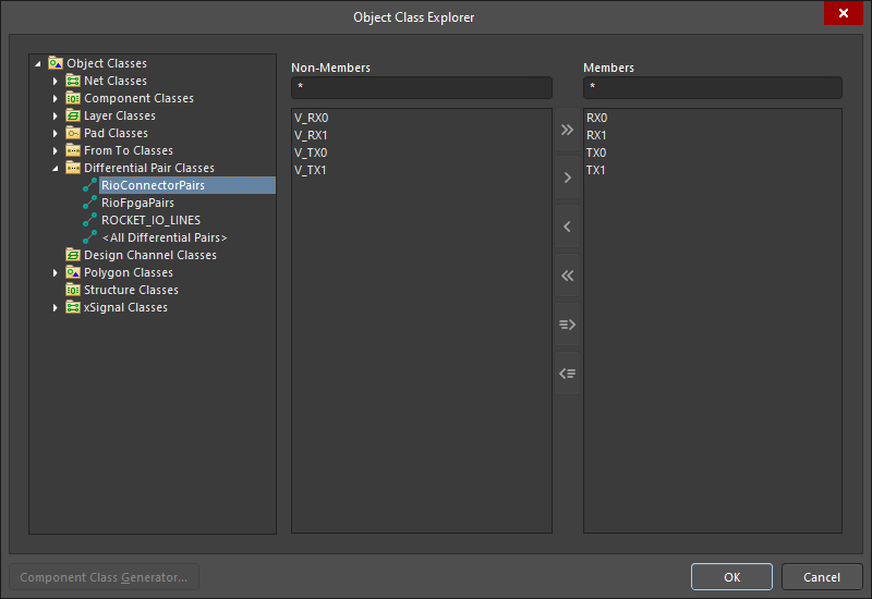 PCB editor Object Class Explorer, use this to create Differential Pair Classes