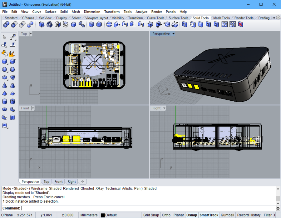 An example of the STEP file of the multi-board assembly opened in the Rhinoceros MCAD editor.
