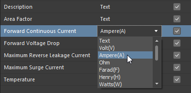 Choosing a supported unit-aware data type for a user parameter in a component template. In this example, Ampere is the parameter type.