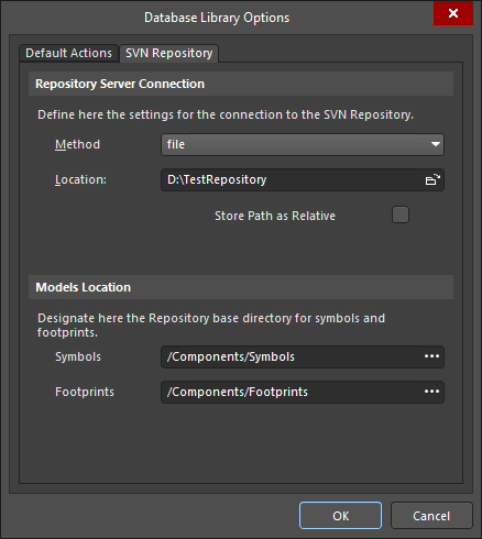 Database Library Options dialog, configuring the SVN repository settings