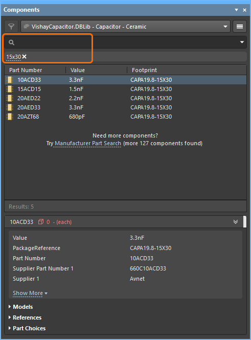 A search can be performed directly in the Components panel