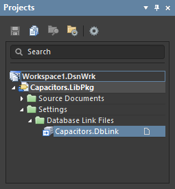 The DbLink file appears in the Settings folder in the Projects panel