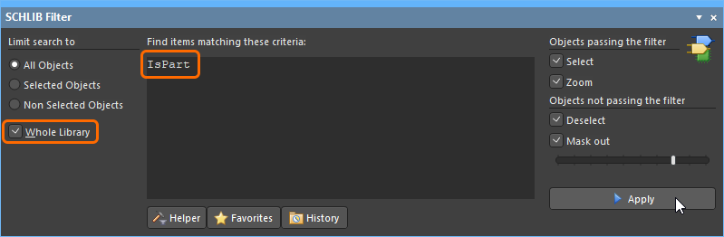 Schematic library editor Filter panel, being used to select all parts in the library