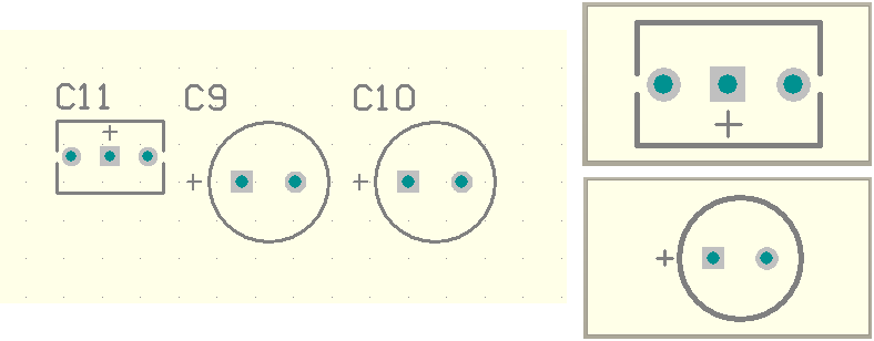 The existing footprints on a PCB document (the left image) and the modified footprints in the source PCB Footprint library (the right image)