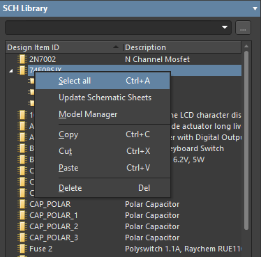 From a source schematic library, changes can be applied using the right-click menu of the SCH Library panel