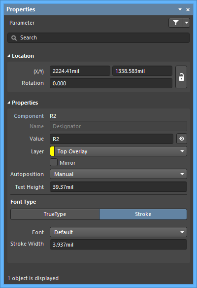 The Designator default settings in the Preferences dialog and the Parameter mode of the Properties panel