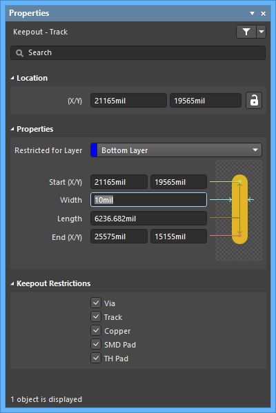 The Keepout - Track mode of the Properties panel