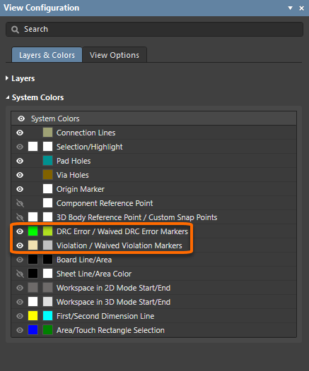  Configure the color of the Error and Markers in the View Configuration panel.