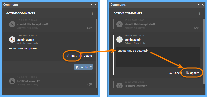 The above image demonstrates how to edit a comment when signed into a self-managed server.