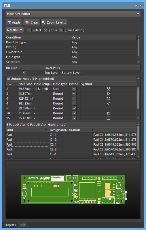 The Hole Size Editor mode of the PCB panel