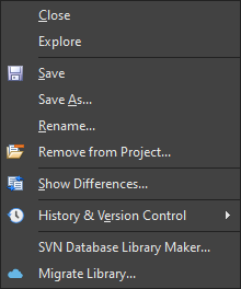 Example right-click context menu for a document (Schematic Library in this case).