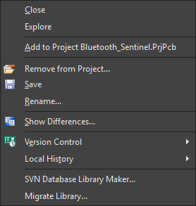 Example right-click context menu for a document (Schematic Library in this case).