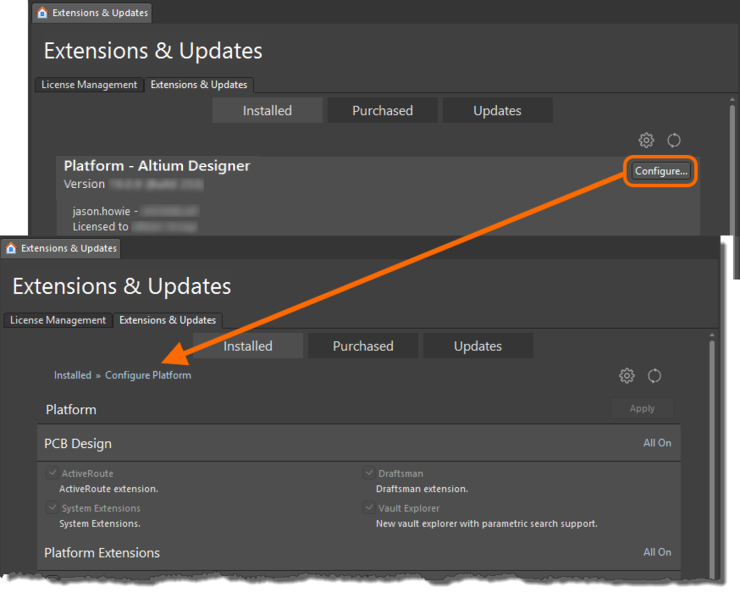 First access the Configure Platform page of the Extensions & Updates view.