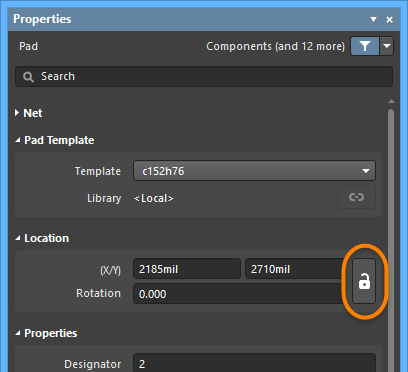 Examples of the Lock icon in the Properties panel in Component mode and Pad mode.