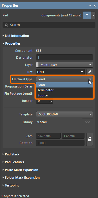 Setting a pad's Electrical Type to Source in the Pad mode of the Properties panel.